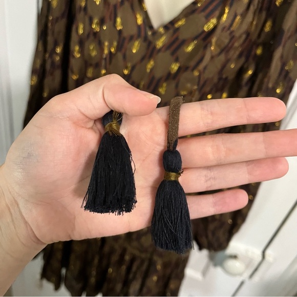 Oliphant Balloon Sleeve Short Dress Fig Olive Tassels Medium V2 - Picture 4 of 10